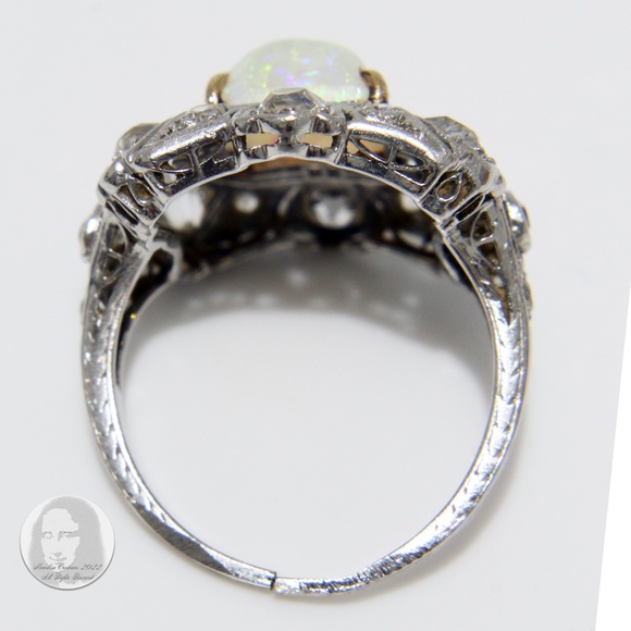 Art Deco Cocktail Ring Opal and Diamond Vintage Platinum Rare Early 20th C - Picture 15 of 16